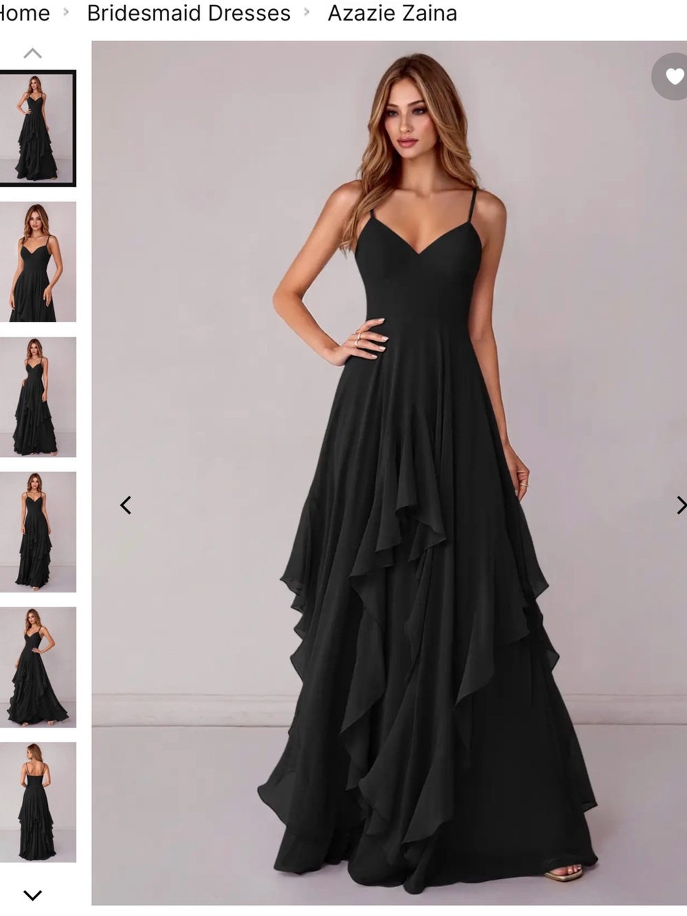 Azazie Black Ruffle Chiffon Spaghetti Strap Gown Zaina